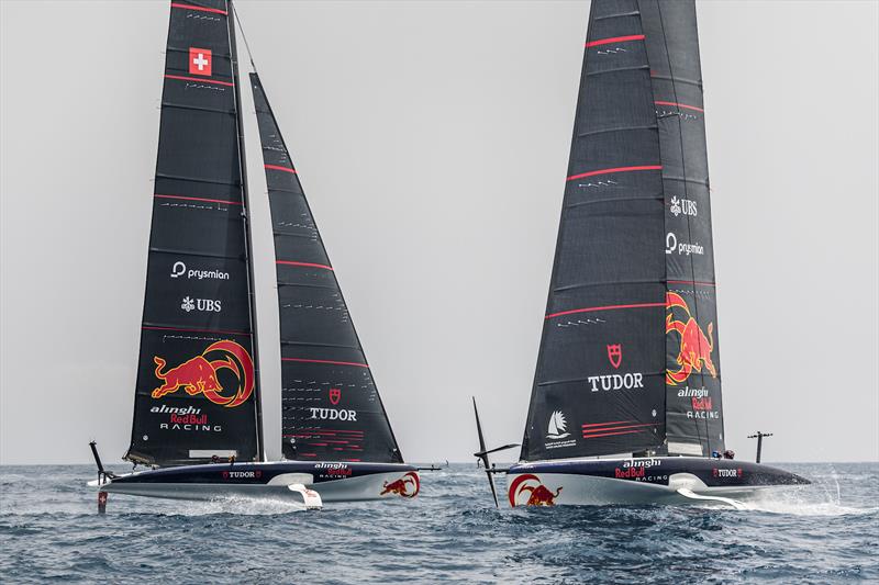 Daniel Ricciardo of Australia and Visa Cash App RB, Marc Marquez of Spain and Gresini Racing MotoGP race each other in Alinghi Red Bull Racing boats ahead of Spanish F1 weekend in Barcelona, Spain on June 19 - photo © Samo Vidic / Alinghi Red Bull Racing