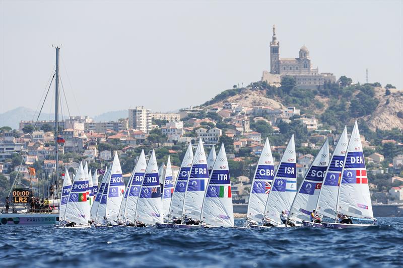 Startline in the Men's Dinghy on August 4 in Marseille at the Paris 2024 Olympic Regatta - photo © World Sailing / Sander van der Borch