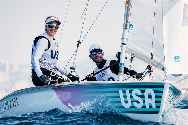 Lara Dallman Weiss (Shoreview, MN) and Stu McNay (Providence, RI) warm up before racing in the Mixed Dinghy event at the Paris 2024 Olympics - photo © Sailing Energy / US Sailing