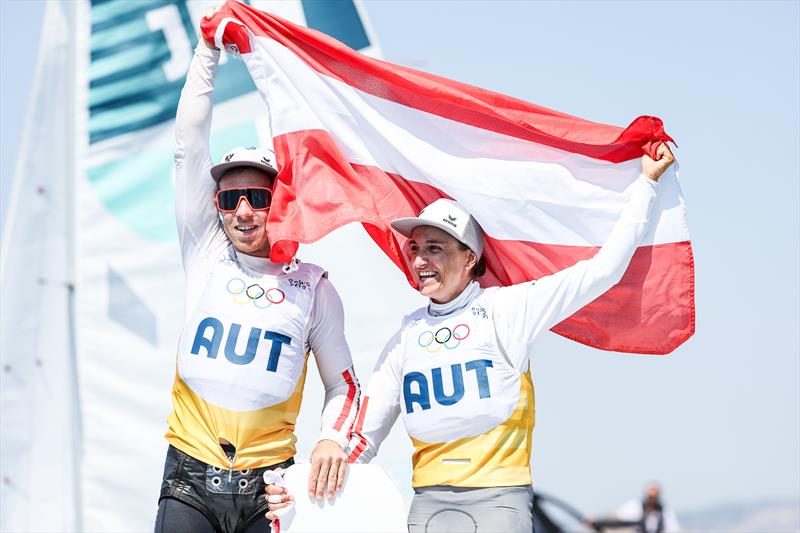 Gold for Lara Vadlau and Lukas Maehr (AUT) in the Mixed Dinghy at Paris2024 on August 8, 2024 in Marseille, France - photo © World Sailing / Lloyd Images