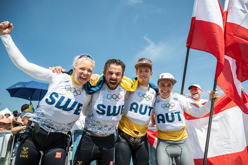 Sweden win bronze and Austria win gold in the Mixed 470 at Paris 2024 - photo © World Sailing / Jean-Louis Carli