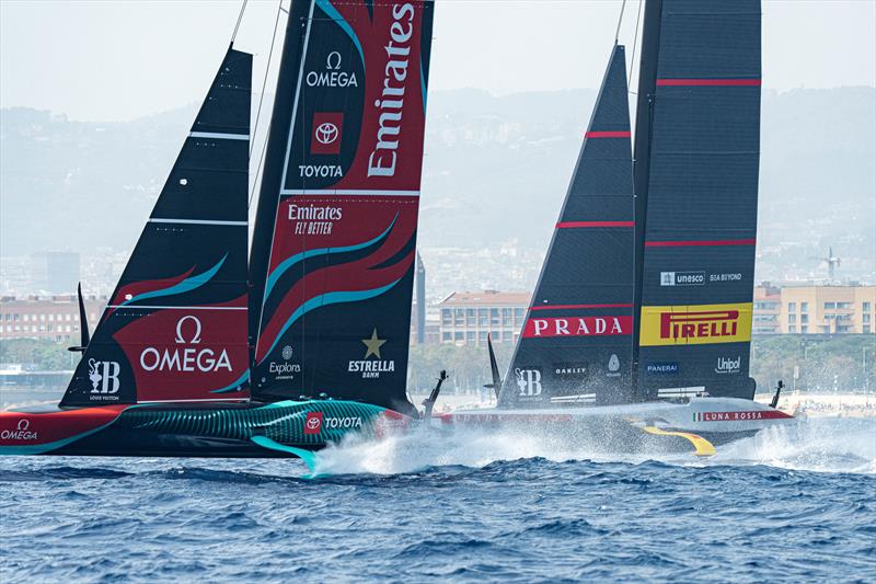 Emirates Team NZ and Luna Rossa Prada Pirelli -  AC75  - Louis Vuitton Preliminary Event - Day 1 - Barcelona - August 22, 2024 - photo © Ian Roman / America's Cup