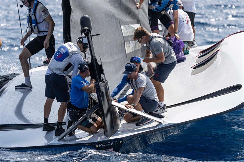 American Magic support crew work on rudder - Race Day 3 - Louis Vuitton Preliminary Regatta - Barcelona - August 24, 2024 - photo © Ian Roman / America's Cup