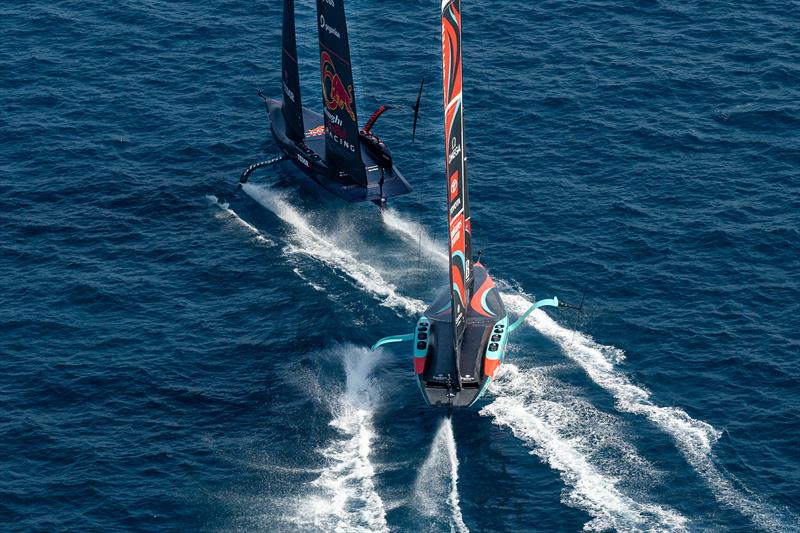 Emirates Team NZ tacks behind Alinghi Red Bull Racing in the prestart - Race Day 3 - Louis Vuitton Preliminary Regatta - Barcelona - August 24, 2024 - photo © Ricardo Pinto / America's Cup