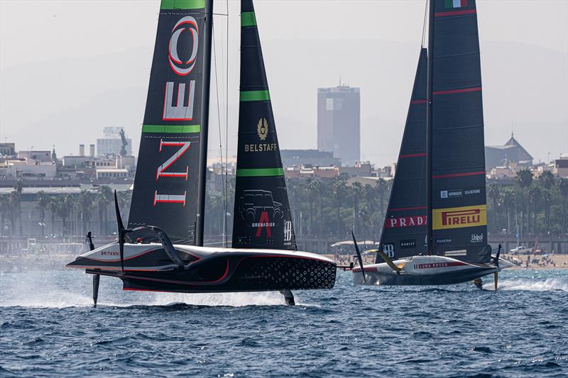 INEOS Britannia trails Luna Rossa - Race Day 3 - Louis Vuitton Preliminary Regatta - Barcelona - August 24, 2024 - photo © Ian Roman / America's Cup