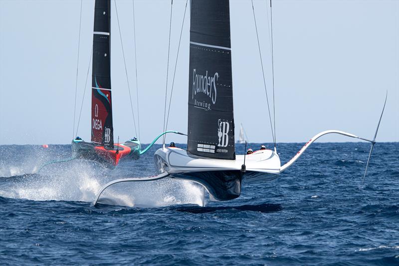 American Magic leads Emirates Team NZ - Race Day 4 - Final - Louis Vuitton Preliminary Regatta - Barcelona - August 25, 2024 - photo © Ricardo Pinto / America's Cup