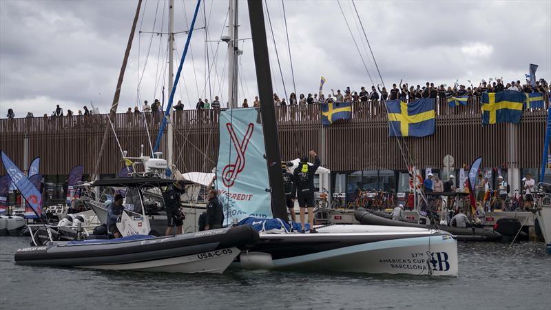 Swedish Challenge Youth Team Powered by Artemis Technologies, leaving Port Olympic, to lots of supporters on UniCredit Youth America's Cup, Race Day 4 - Group B  - September 21, 2024 - Barcelona - photo © David Maynard / www.alleycatphotographer.com